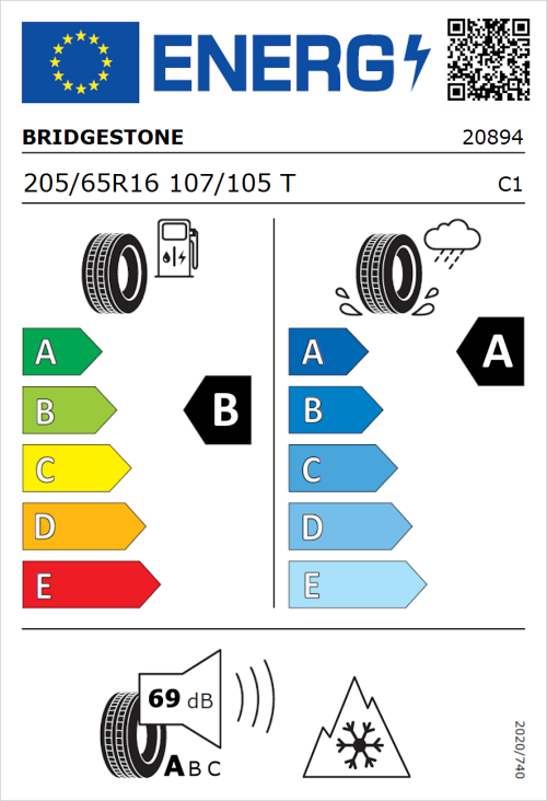 Tyre Label for Bridgestone Duravis Van 205/65R16 107/105T